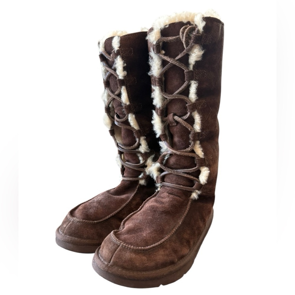 Tall UGG Whitley Brown Moccasin Boots Sheepskin Suede Leather Lace Size 8